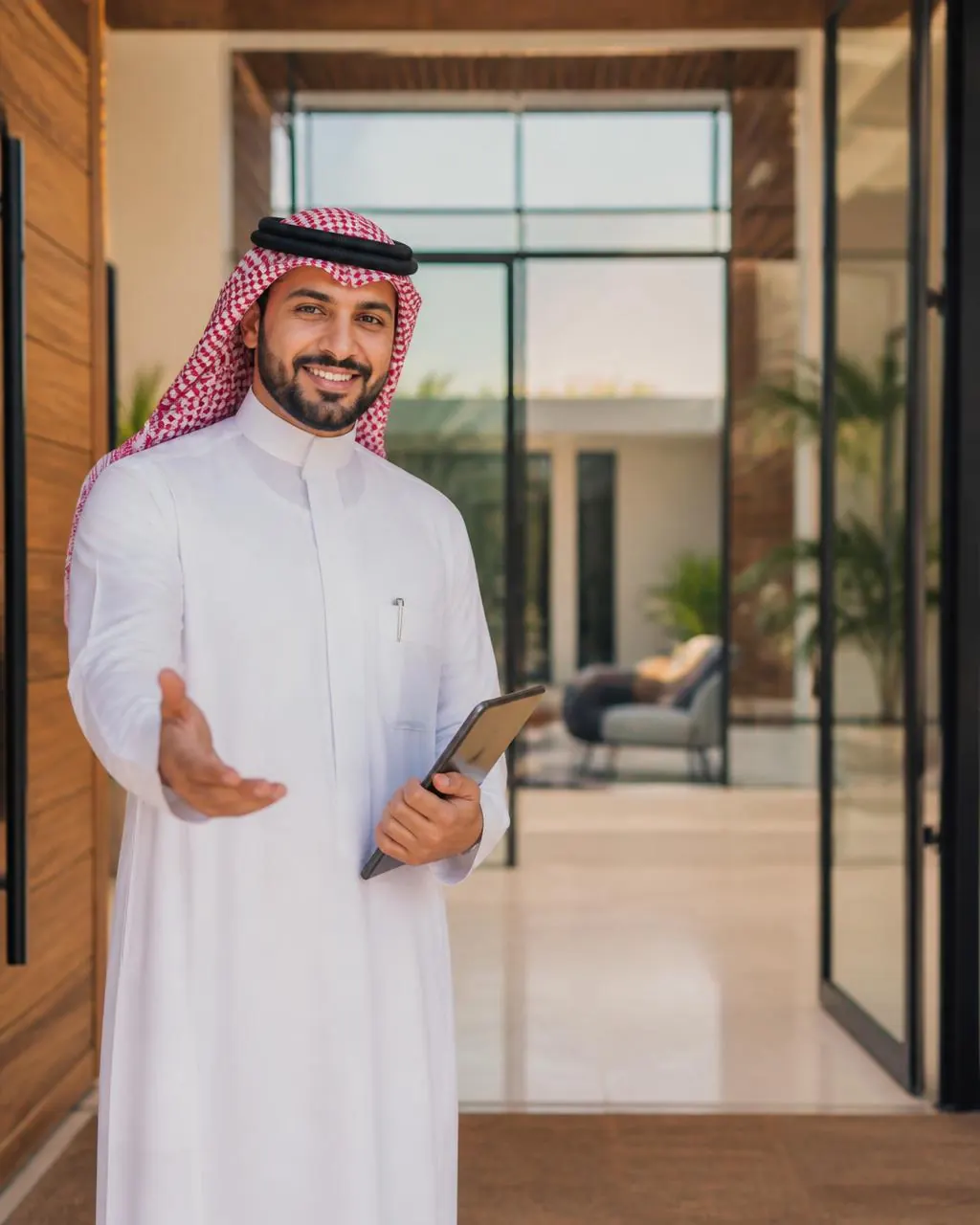 A host welcoming guests into a beautiful space